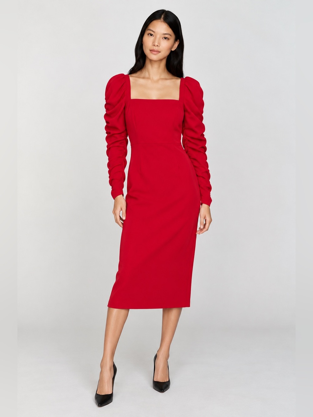 NWT Antonio Melani Elena Crepe Square Neck Long Ruched Sleeve Midi Dress Sz 2